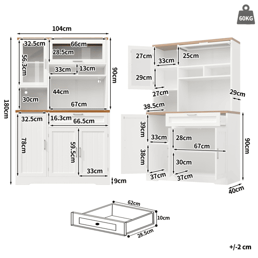 Armário alto 104x40x180 cm - Vitrine LED para cozinha e sala - Branco