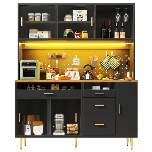 Armário alto para sala 145x24x171 cm - com LED e prateleiras perfuradas - preto