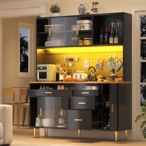 Armário alto para sala 145x24x171 cm - com LED e prateleiras perfuradas - preto