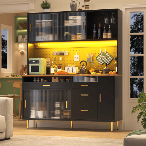 Armário alto para sala 145x24x171 cm - com LED e prateleiras perfuradas - preto