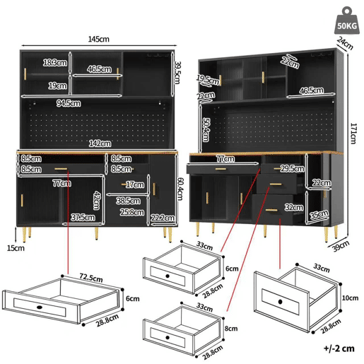 Armário alto para sala 145x24x171 cm - com LED e prateleiras perfuradas - preto