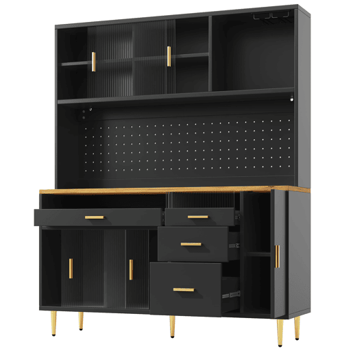 Armário alto para sala 145x24x171 cm - com LED e prateleiras perfuradas - preto