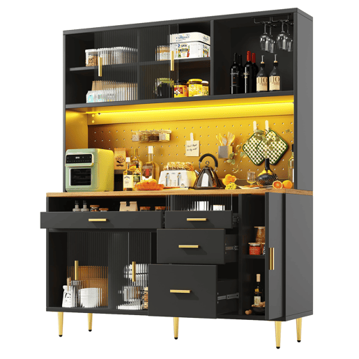 Armário alto para sala 145x24x171 cm - com LED e prateleiras perfuradas - preto