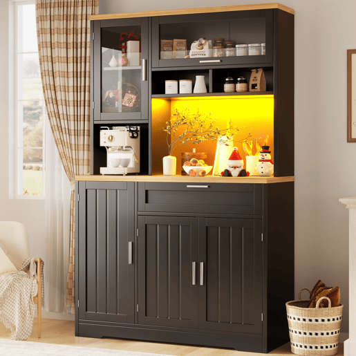 Armário alto LED 104x40x180 cm - Vitrine moderna para cozinha e sala - Preto