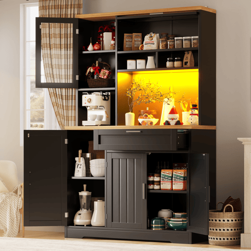 Armário alto LED 104x40x180 cm - Vitrine moderna para cozinha e sala - Preto