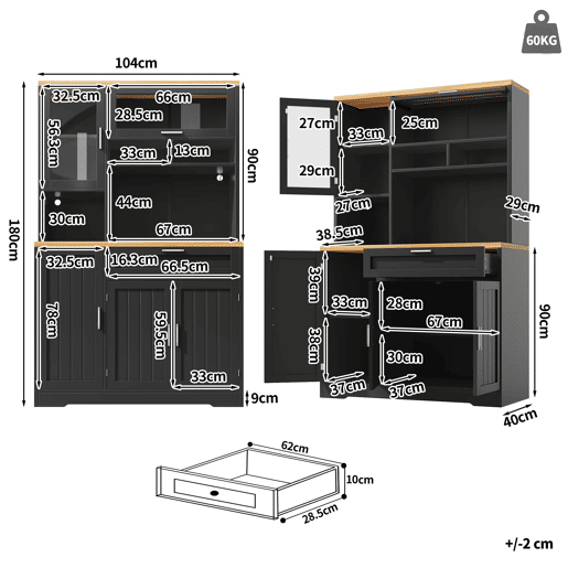 Armário alto LED 104x40x180 cm - Vitrine moderna para cozinha e sala - Preto