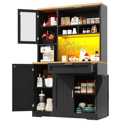 Armário alto LED 104x40x180 cm - Vitrine moderna para cozinha e sala - Preto