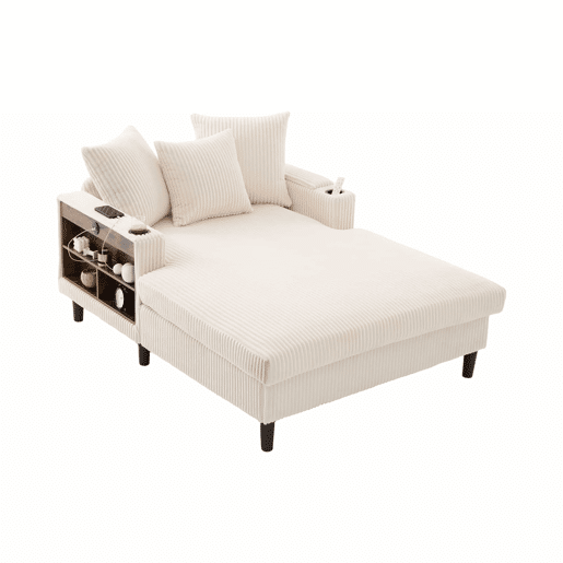 Sofá Lounge Multifuncional com Chaise Longue - Ampla Superfície de Descanso, Porta-copos em Ambos os Lados, Iluminação LED, Bolso Lateral, Porta USB, Espaço de Arrumo, Pés de Plástico Estáveis - Bege - 1 Lugar