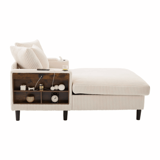 Sofá Lounge Multifuncional com Chaise Longue - Ampla Superfície de Descanso, Porta-copos em Ambos os Lados, Iluminação LED, Bolso Lateral, Porta USB, Espaço de Arrumo, Pés de Plástico Estáveis - Bege - 1 Lugar