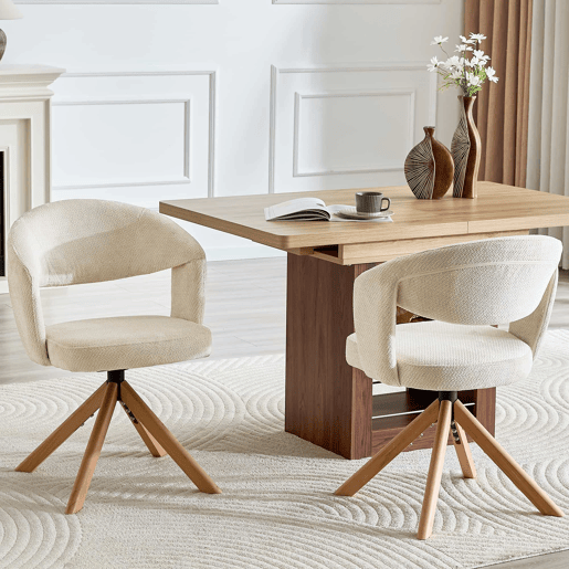 Conjunto de 2 cadeiras giratórias retro de luxo - Estrutura em tecido creme, pés em madeira, encosto curvo, rotação silenciosa de 360° - Branco, Madeira