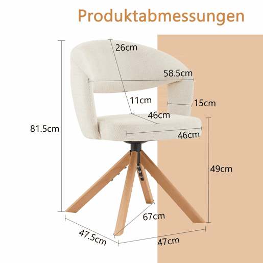 Conjunto de 2 cadeiras giratórias retro de luxo - Estrutura em tecido creme, pés em madeira, encosto curvo, rotação silenciosa de 360° - Branco, Madeira