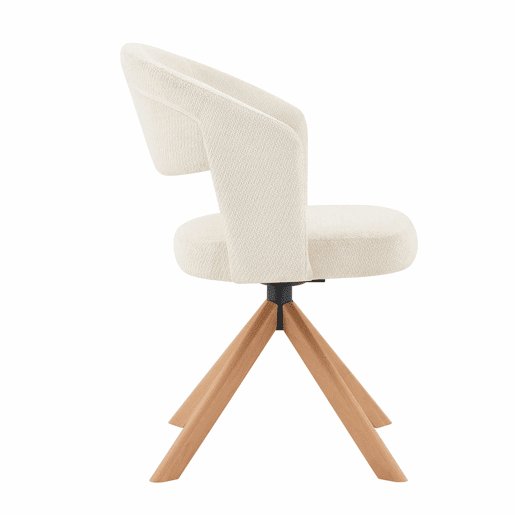 Conjunto de 2 cadeiras giratórias retro de luxo - Estrutura em tecido creme, pés em madeira, encosto curvo, rotação silenciosa de 360° - Branco, Madeira