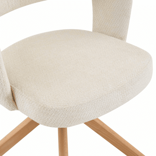 Conjunto de 2 cadeiras giratórias retro de luxo - Estrutura em tecido creme, pés em madeira, encosto curvo, rotação silenciosa de 360° - Branco, Madeira