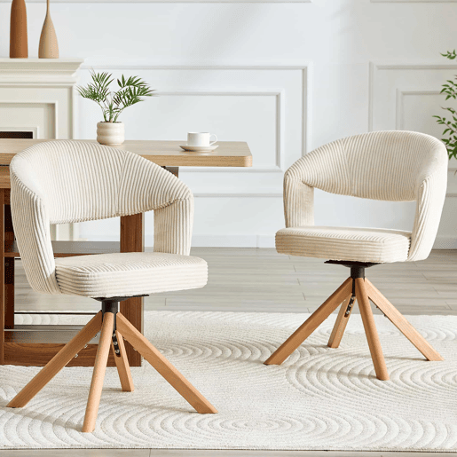 Conjunto de 2 cadeiras Retro-Luxo - Cadeiras com cordão e estrutura em madeira maciça, rotação silenciosa de 360° e encosto curvo - Branco, Madeira