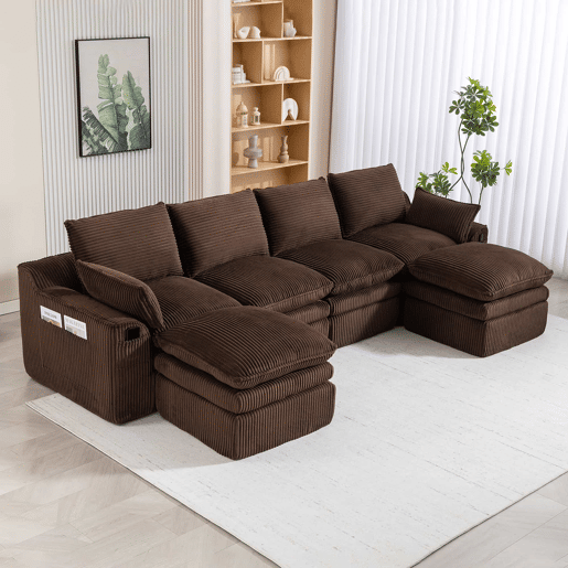 Sofá modular de 4 lugares com 2 pufes - inclui almofadas e 2 bolsos laterais, espuma de 3 camadas + molas para um retorno rápido - cor castanha