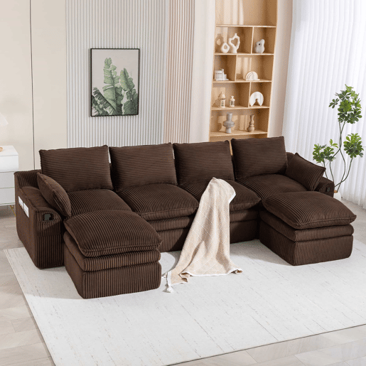 Sofá modular de 4 lugares com 2 pufes - inclui almofadas e 2 bolsos laterais, espuma de 3 camadas + molas para um retorno rápido - cor castanha