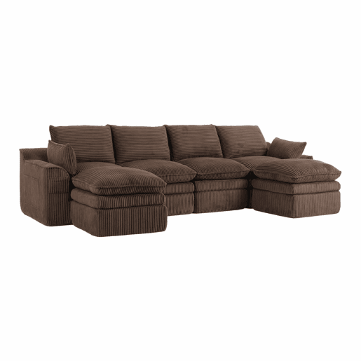 Sofá modular de 4 lugares com 2 pufes - inclui almofadas e 2 bolsos laterais, espuma de 3 camadas + molas para um retorno rápido - cor castanha