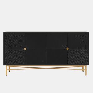 Aparador 160 x 40 x 82 cm - com textura em relevo, 4 portas, puxadores dourados escovados e pés de alto brilho - preto
