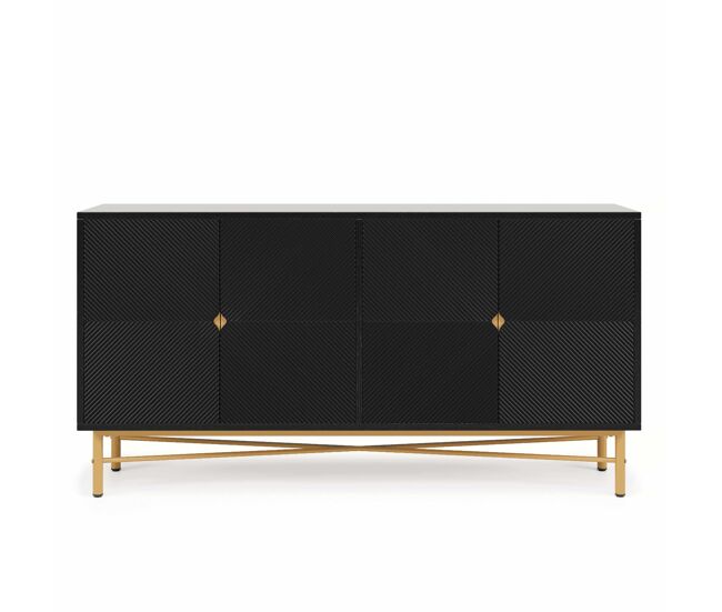 Aparador 160x40x82 cm - con textura en relieve, 4 puertas, tiradores dorados cepillados y patas de alto brillo - negro