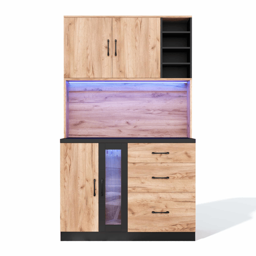 Armário alto de cozinha 105 x 40 x 180 cm - moderno, com iluminação LED, prateleiras ajustáveis, tomada Euro - preto e madeira