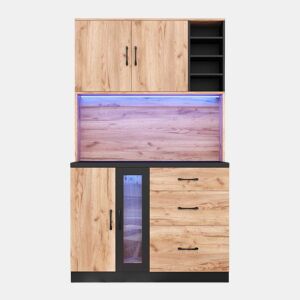 Armário alto de cozinha 105 x 40 x 180 cm - moderno, com iluminação LED, prateleiras ajustáveis, tomada Euro - preto e madeira