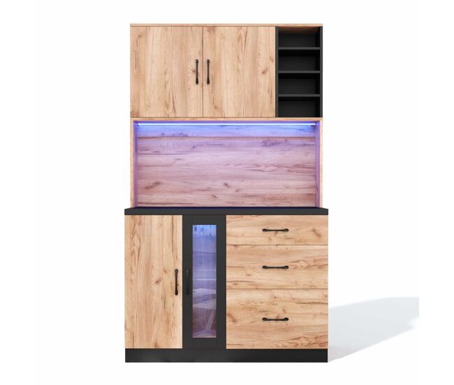 Armario alto de cocina 105x40x180 cm - moderno, led, estantes ajustables, enchufe euro - negro y madera