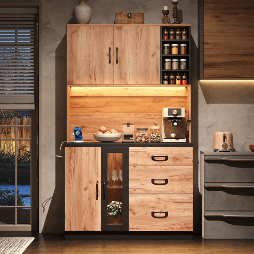 Armário alto de cozinha 105 x 40 x 180 cm - moderno, com iluminação LED, prateleiras ajustáveis, tomada Euro - preto e madeira