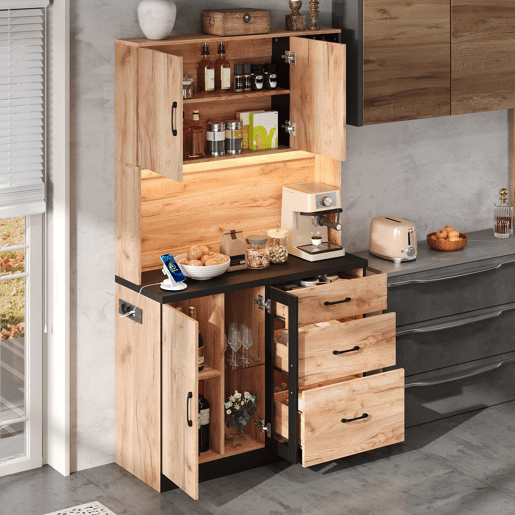 Armário alto de cozinha 105 x 40 x 180 cm - moderno, com iluminação LED, prateleiras ajustáveis, tomada Euro - preto e madeira