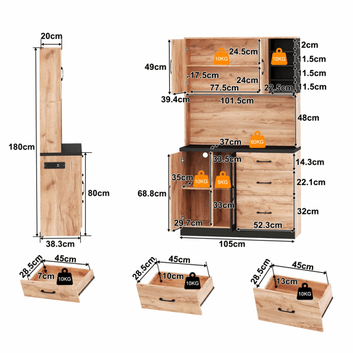 Armário alto de cozinha 105 x 40 x 180 cm - moderno, com iluminação LED, prateleiras ajustáveis, tomada Euro - preto e madeira