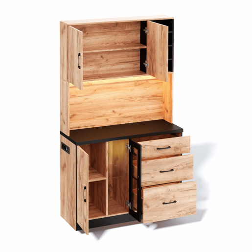 Armário alto de cozinha 105 x 40 x 180 cm - moderno, com iluminação LED, prateleiras ajustáveis, tomada Euro - preto e madeira