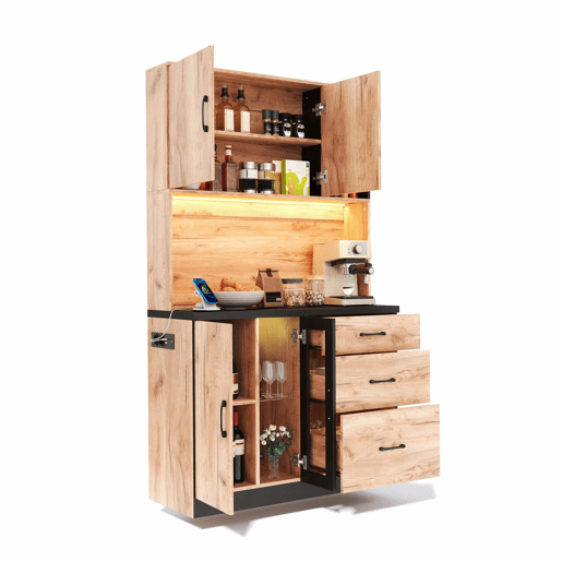 Armário alto de cozinha 105 x 40 x 180 cm - moderno, com iluminação LED, prateleiras ajustáveis, tomada Euro - preto e madeira