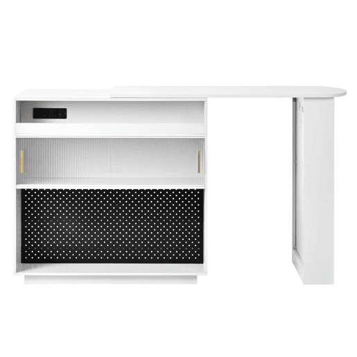 Mesa de bar moderna extensível 360° com arrumação, LED e tomadas - branca