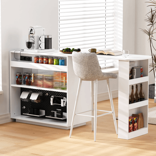 Mesa de bar moderna extensível 360° com arrumação, LED e tomadas - branca