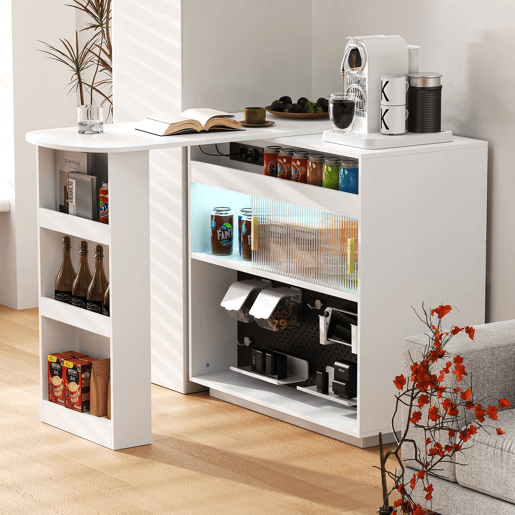Mesa de bar moderna extensível 360° com arrumação, LED e tomadas - branca