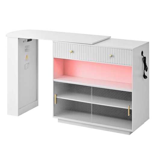 Mesa de bar moderna extensível 360° com arrumação, LED e tomadas - branca