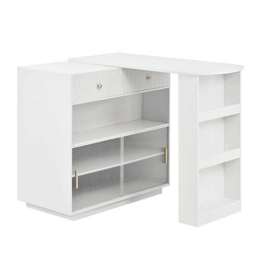 Mesa de bar moderna extensível 360° com arrumação, LED e tomadas - branca