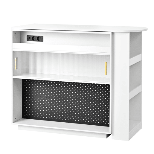 Mesa de bar moderna extensível 360° com arrumação, LED e tomadas - branca