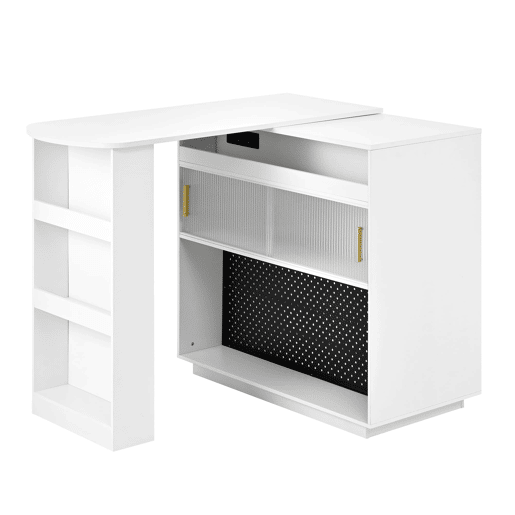 Mesa de bar moderna extensível 360° com arrumação, LED e tomadas - branca