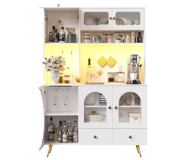 Aparador alto led - con usb, enchufes, estantes de cristal y cajón - blanco