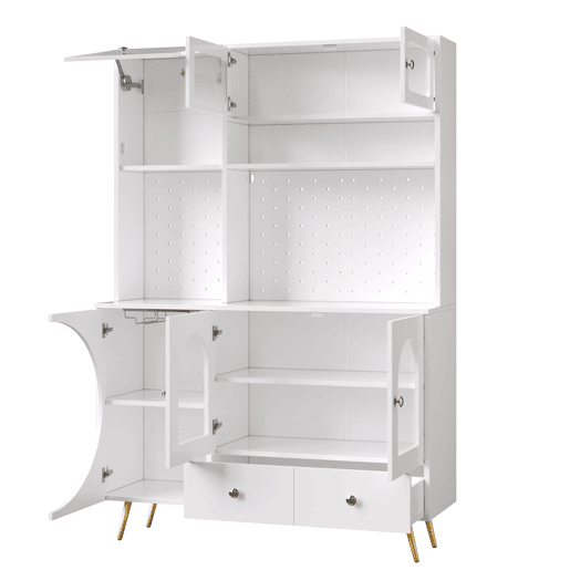 Aparador alto LED - com USB, tomadas, prateleiras de vidro e gaveta - Branco