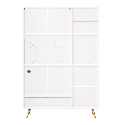 Aparador alto LED - com USB, tomadas, prateleiras de vidro e gaveta - Branco