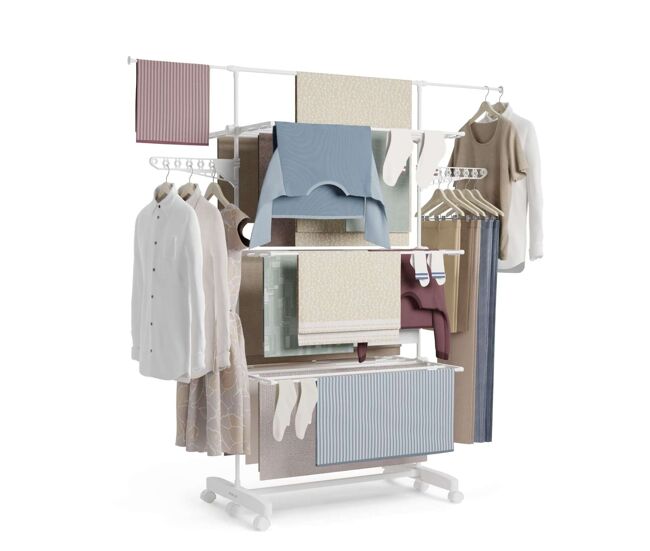 Tendedero vertical fold care v60 newlux blanco xxl plegable y extensible con ruedas (18-21m para tender). ideal como perchero