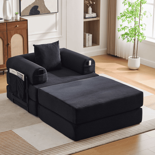 Sofá-cama individual de 1 lugar - design ergonómico, estrutura metálica resistente, almofada incluída - preto