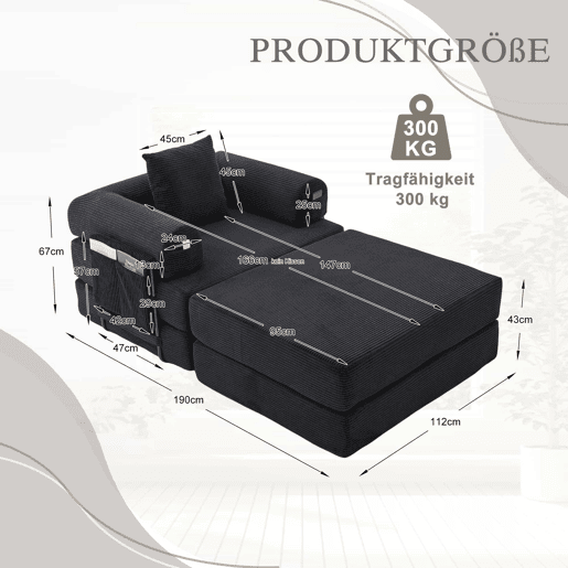 Sofá-cama individual de 1 lugar - design ergonómico, estrutura metálica resistente, almofada incluída - preto
