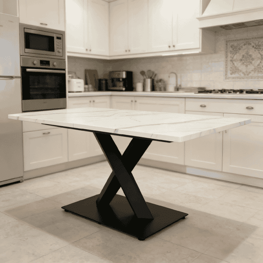 Mesa de jantar retangular moderna para 6 a 8 pessoas - Mesa de cozinha grande com tampo em MDF e base metálica preta - Mesa de madeira com padrão de mármore branco - Suporte em forma de X - Preto e branco