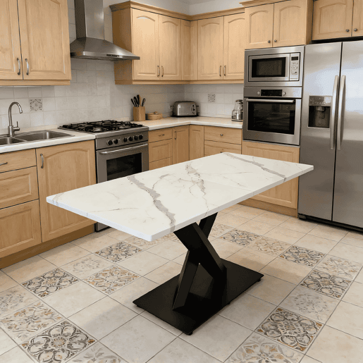 Mesa de jantar retangular moderna para 6 a 8 pessoas - Mesa de cozinha grande com tampo em MDF e base metálica preta - Mesa de madeira com padrão de mármore branco - Suporte em forma de X - Preto e branco
