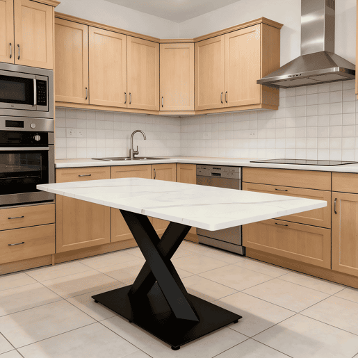 Mesa de jantar retangular moderna para 6 a 8 pessoas - Mesa de cozinha grande com tampo em MDF e base metálica preta - Mesa de madeira com padrão de mármore branco - Suporte em forma de X - Preto e branco