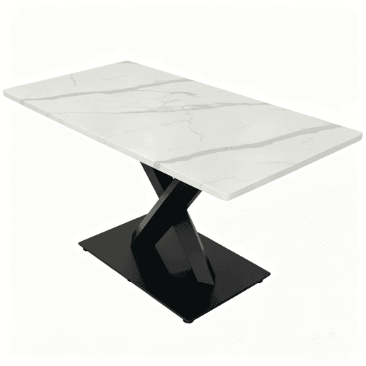 Mesa de jantar retangular moderna para 6 a 8 pessoas - Mesa de cozinha grande com tampo em MDF e base metálica preta - Mesa de madeira com padrão de mármore branco - Suporte em forma de X - Preto e branco