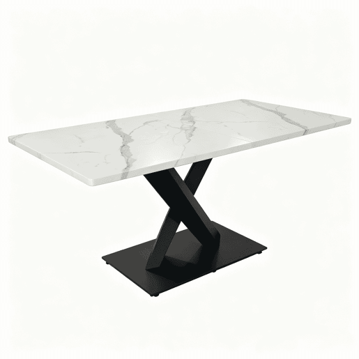 Mesa de jantar retangular moderna para 6 a 8 pessoas - Mesa de cozinha grande com tampo em MDF e base metálica preta - Mesa de madeira com padrão de mármore branco - Suporte em forma de X - Preto e branco
