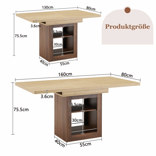 Mesa de jantar extensível 130160 cm - com espaço de arrumação, estrutura em MDF, para 4-8 pessoas - cor madeira naturalnogueira